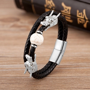 Pulsera para hombre de cuero negro de doble capa con cabezas de dragón y cuenta mármol