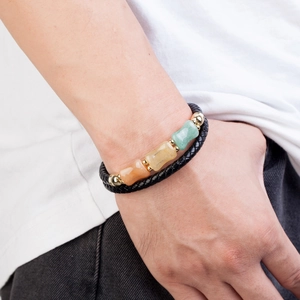 Bracelet double couche en cuir tressé pour homme avec pierres colorées et fermoir aimanté
