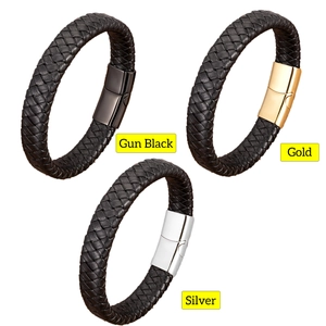 Bracciali in pelle intrecciata da uomo con chiusura magnetica nera, oro e argento