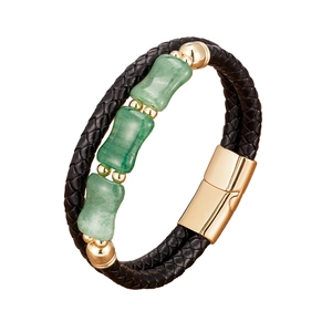 Bracelet tressé pour homme en cuir noir avec pierres vertes et fermoir magnétique