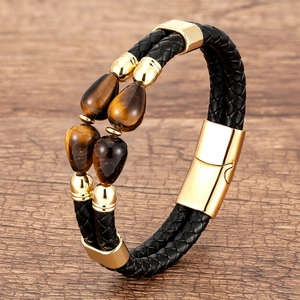Classic braided leather bracelet with tiger eye stones and golden stainless steel clasp
