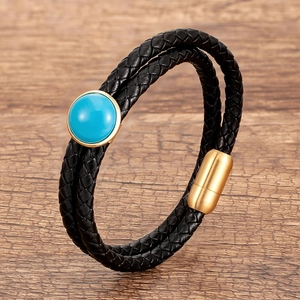 Bracciale a doppio strato in pelle intrecciata nera con pietra turchese e chiusura magnetica