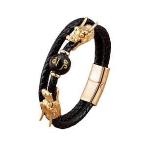 Pulsera de cuero trenzado de doble capa con cabeza de dragón dorada y cuenta mantra
