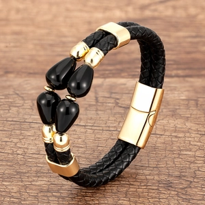 Classic braided black leather bracelet for men with gold magnetic clasp and onyx beads