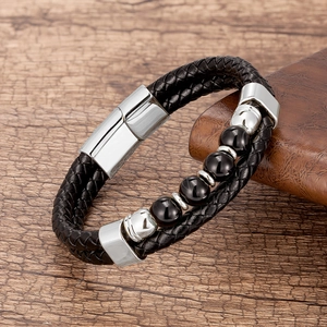 Bracelet pour homme en cuir noir tressé avec perles de pierre et fermoir en acier
