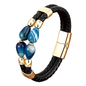Classic braided leather bracelet with blue agate stones and a golden magnetic clasp