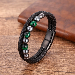 Vintage Geflochtenes Lederarmband Für Herren Edelstahl Magnetverschluss Natürlicher Tigerauge Stein Perlen Herren Schmuck