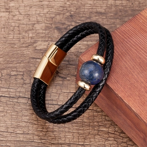 Double-layered black braided leather bracelet with golden magnetic clasp and blue stone bead