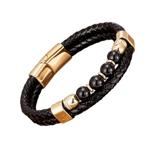 Bracelet tressé en cuir noir pour homme avec fermoir magnétique doré et perles noires