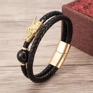 Men Vintage Braided Leather Bracelet With Dragon Head Charm Natural Stone Beads Stainless Steel Clasp Chinese Style Jewelry
