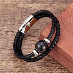 Mens double-layered leather braided bracelet with tiger eye stone and magnetic clasp