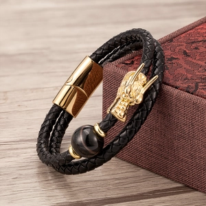 Men's dragon head bracelet with black braided leather and gold magnetic clasp