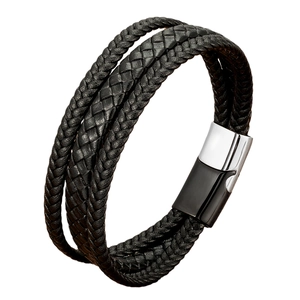 Multilayer braided leather bracelet for men with silver and black magnetic clasp on white backdrop