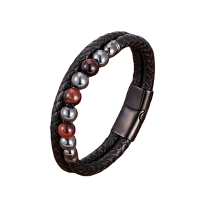 Zweilagiges schwarzes Lederarmband für Herren mit Tigerauge-Perlen und Magnetverschluss