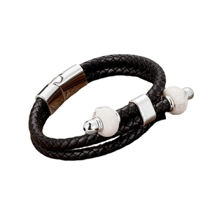 Bracciale da uomo in pelle nera intrecciata con perline di marmo e chiusura in acciaio inox