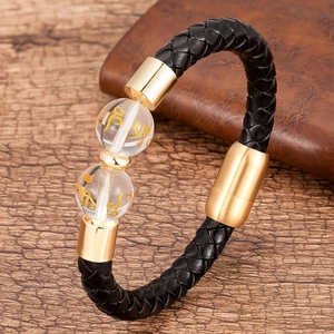 Bracciale da uomo in pelle nera intrecciata con chiusura dorata e perline di vetro