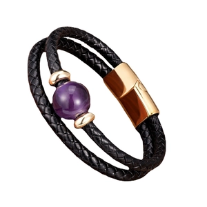Double-layer braided black leather bracelet with purple stone bead and gold magnetic clasp