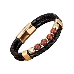 Herren Armband aus zweilagigem schwarzem Leder mit Tigerauge-Perlen und Gold-Verschluss