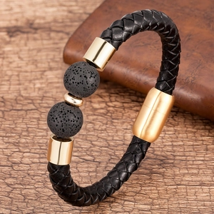 Bracciale da Uomo in Corda di Pelle Intrecciata Vintage Con Chiusura Magnetica in Acciaio Inossidabile Perle in Pietra Naturale Gioielli Boho