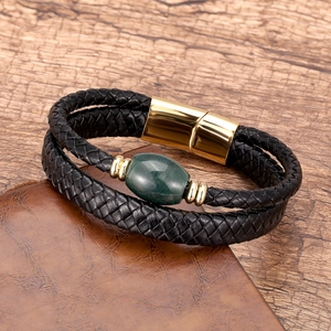 Men's double-wrap braided black leather bracelet with green stone and magnetic gold clasp