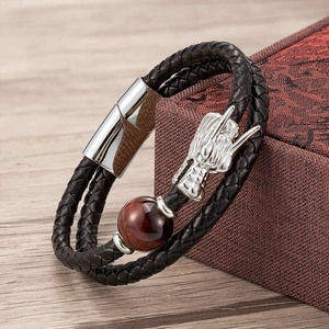 Men's double-layered leather dragon bracelet with tiger eye bead and magnetic clasp