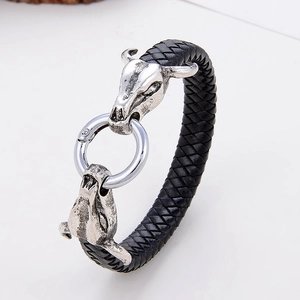 Men's retro braided black leather bracelet with silver ox head charms and spring clasp