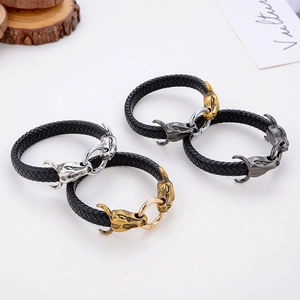 Retro punk braided leather bracelets with metallic bull head charms in multiple finishes