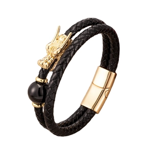 Men's double-layered black woven leather bracelet with golden dragon head and magnetic clasp