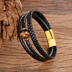 Bracciale multistrato da uomo in pelle nera intrecciata con occhio di tigre e chiusura d'oro