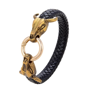 Men's retro black braided leather bracelet with vintage gold bull head metal charms