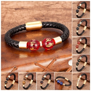 Bracciale da uomo in pelle intrecciata con chiusura magnetica d'oro e pietre