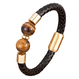 Bracciale in pelle intrecciata da uomo con perle occhio di tigre e chiusura magnetica