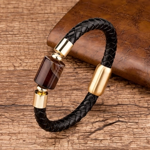 Vintage Braided Leather Bracelet With Stainless Steel Magnetic Buckle Natural Stone Tiger Eye Agate Bracelet For Men Women