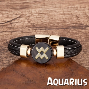 Bracelet Verseau en cuir tressé noir avec fermoir magnétique doré et pendentif zodiaque