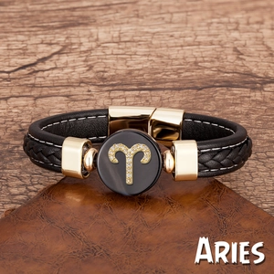 Bracelet Bélier en cuir noir avec cordon tressé et breloque constellation dorée