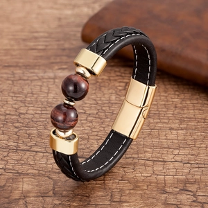 Bracelet en Cuir Tressé Vintage pour Hommes Avec Pierre Naturelle Boucle Magnétique en Acier Inoxydable Bracelet Bijoux de Mode Bohème