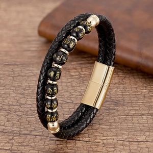 Retro Herren Geflochtenes Lederarmband Mit Edelstahl Magnetverschluss Naturstein Mantra Perlenarmband Schmuck Geschenk