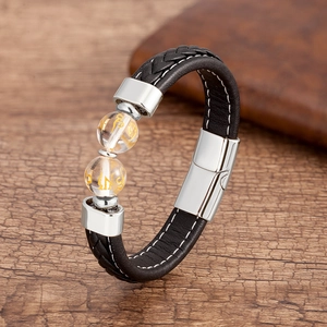 Bracelet tressé en cuir pour homme avec perles noires et fermoir magnétique en métal