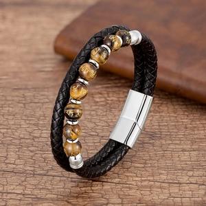 Vintage Herren-Lederarmband mit Tigerauge-Perlen und Magnetverschluss aus Metall