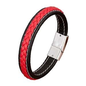 Bracelet tressé en cuir pour homme bicolore rouge et noir avec fermoir en métal argenté