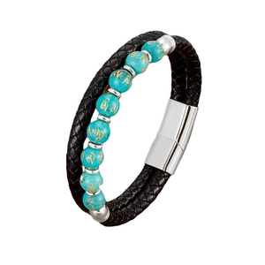 Vintage Lederarmband für Herren mit Türkisperlen und Magnetverschluss aus Edelstahl