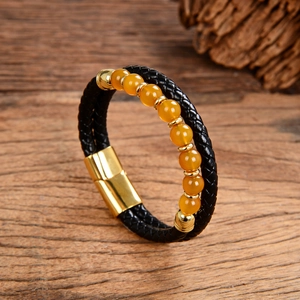 Double Layer Leather Braided Bracelet For Men Women Natural Tiger Eye Stone Beads Stainless Steel Magnetic Clasp Bangle