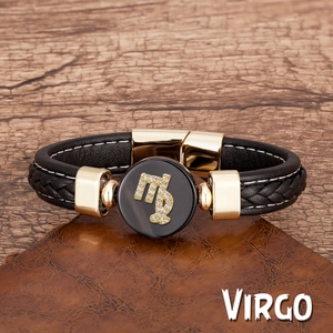 Détail macro du bracelet zodiaque Vierge en cuir avec fermoir magnétique doré