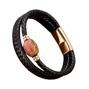 Braided black leather multi-layer bracelet with natural stone bead and gold magnetic clasp
