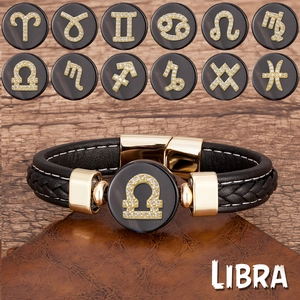 Bracelet Vintage 12 Signes du Zodiaque en Cuir Tressé Noir pour Unisexe Boucle Magnétique en Acier Inoxydable Bijoux Symbole Strass