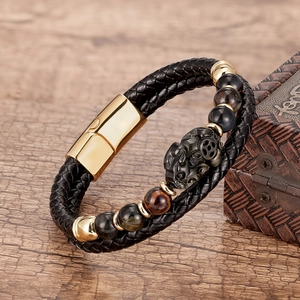 Bracelet pour homme en cuir tressé double couche avec perles PiXiu et fermoir doré