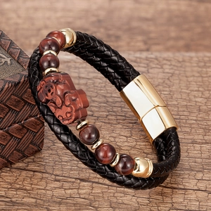 Bracelet en Cuir Tressé Vintage Avec Fermoir Magnétique en Acier Inoxydable Charme Pixiu Perles Oeil de Tigre Bijoux