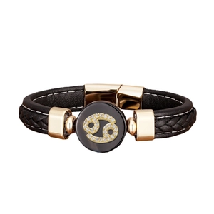 Bracelet tressé en cuir noir signe Cancer avec fermoir doré et strass brillants