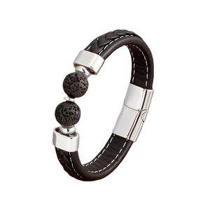 Bracelet en cuir tressé avec perles de pierre de lave et fermoir en acier inoxydable poli