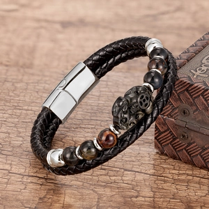 Bracelet rétro double couche en cuir tressé avec perles d'œil de tigre et amulette Pi Xiu